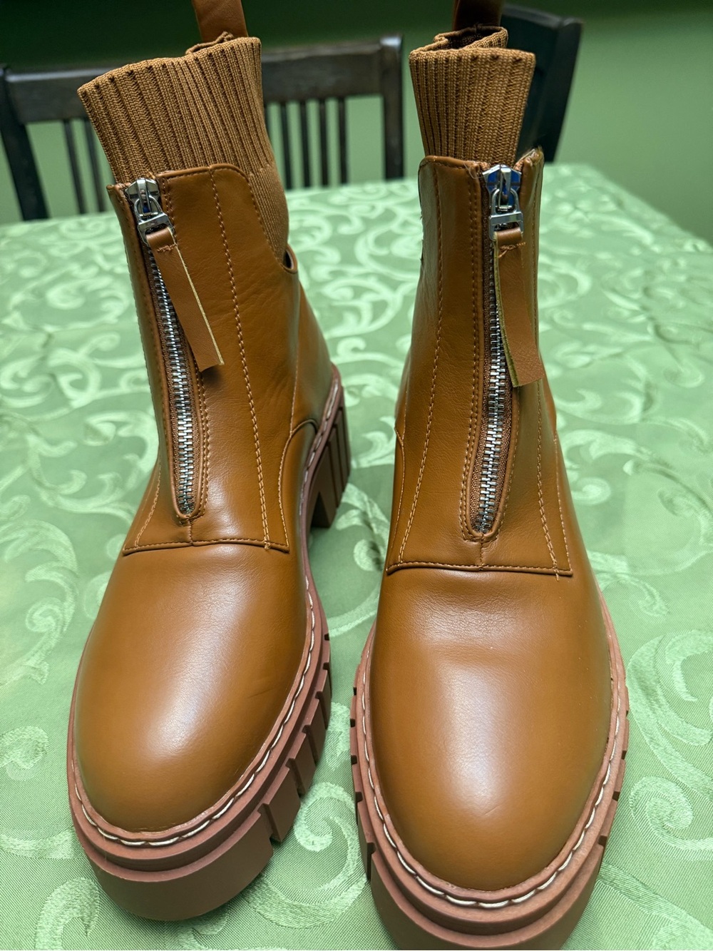 Nature Breeze Cognac Platform Front-Zip Knit Cuff Ankle Boots